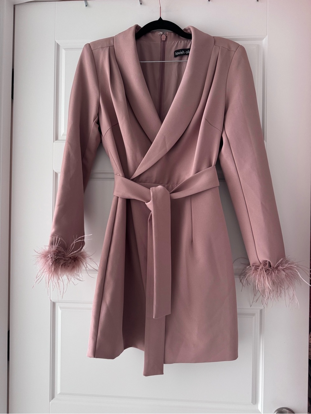 Lavish Alice Feather Cuff Wrap Mini Dress - Dusty Rose - Picture 3 of 6